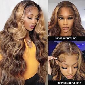 Ombre 4/27 Highlight Body Wave Hair Wig Human Hair 28 Inches 180% Density